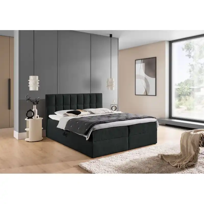 Akce Manželská čalouněná postel 200x200 ALIBINA - černá + topper