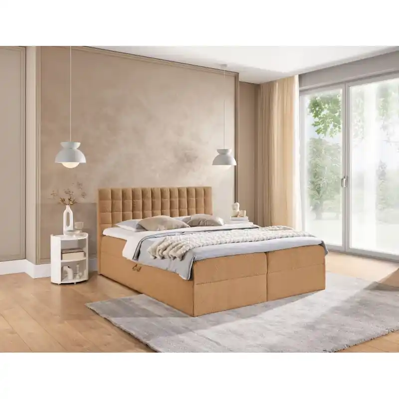 Manželská boxspringová postel 160x200 SALOMA - světle hnědá + topper Novinka