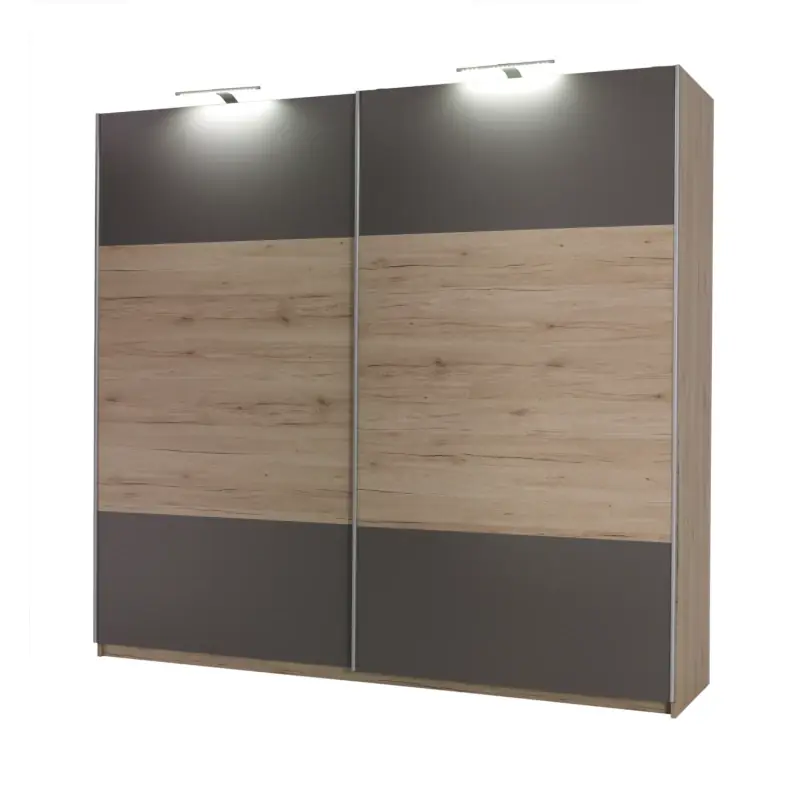 Široká šatní skříň 225 cm KIMBALL - dub san remo / šedá + LED osvětlení ZDARMA Jen Po Omezenou Doba